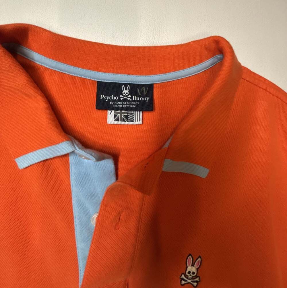 Psycho Bunny Men's Jaffa Orange Bailey Tipped Logo Short Sleeve Polo Shirt Sz 7
